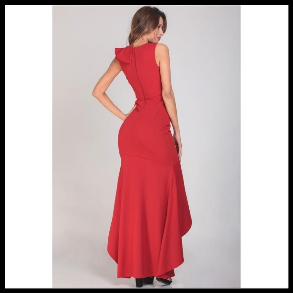 NWT Ruffled Shoulder Maxi Dress Thigh Split SML - Picture 2 of 5